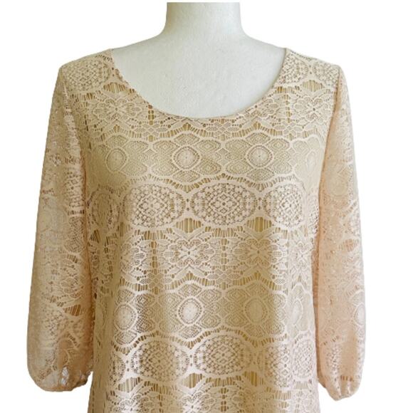 Rachel Kate Cream Pink Lace Overlay 3/4 Sleeve Scoop Neck Mini Dress Medium NEW - Picture 3 of 10